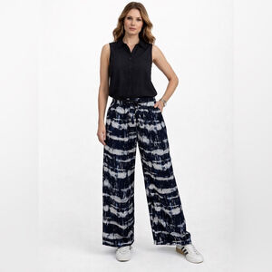 ICHI “Kate” Linen blend Stylish Navy and White Tie-Dye Women's Pants NWT